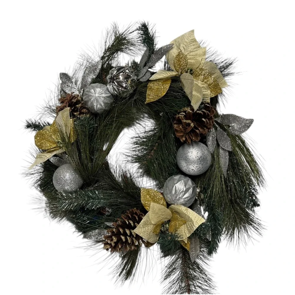 Christmas Wreath Holiday Pine Cone Ornament Gold Silver Decor 15 Inch